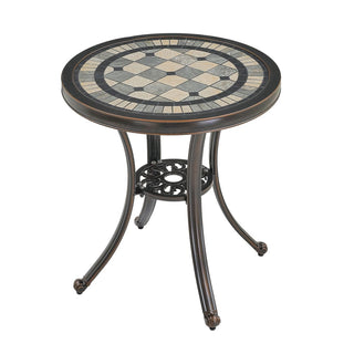 24" Round Cast Aluminum Outdoor Bistro Table with Ceramic Tile Top in Antique Bronze/White, Standard Height for Patio & Garden