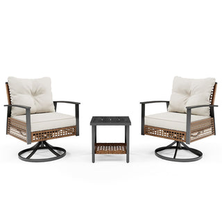 3-Piece Wicker Rocking Bistro Set with Cushioned Swivel Rocking Chairs & Coffee Table for Porch, Patio & Backyard