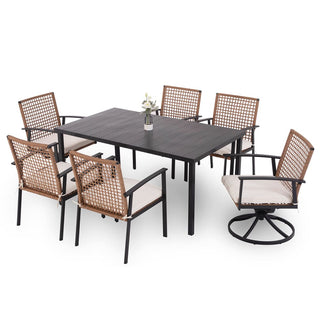7-Piece Outdoor Patio Dining Set with 6 Wicker Chairs, 2 Swivel Rockers, Cushions & Slatted Table with Umbrella Hole for Backyard