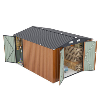 Outdoor Storage Shed 9×11 FT with 3 Lockable Doors,Utility Tool Shed Metal Storage Garden Sheds 4 Vents,Metal Sheds with Galvanized Steel Frame,for Backyard,Patio,Lawn,yellow