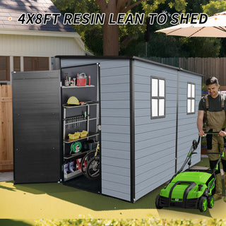 4x8 FT Outdoor Resin Storage Shed with Floor, 2 Windows & Lockable Door – Plastic Garden Shed for Tools, Bikes & Trash Cans