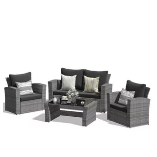 4-Piece Wicker Patio Conversation Set With Glass Table and Blue/Black/Gray Cushions