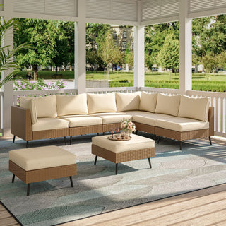8 Piece PE Rattan Outdoor Sectional Sofa Set, All Weather Wicker Patio Conversation Set with Thick Cushions for Garden, Poolside, Backyard – Beige/Gray