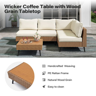 5 Pieces All-Weather PE Wicker Outdoor Sectional Sofa Set, Rattan Patio Conversation Set with Thick Cushions and Coffee Table