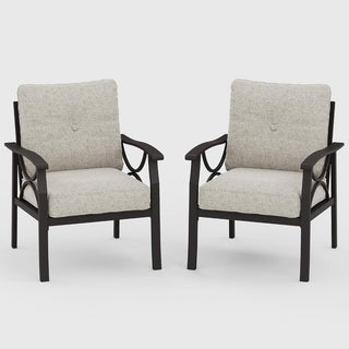 Set of 2 All-Weather Metal Armchairs, Black/Khaki Frame with Gray/Beige Cushions