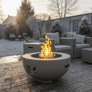 Outdoor Round Propane Fire Pit Table 28-inch,40,000 BTU Fire Pit Bowl,Light Concrete Propane Fire Pit with Free Lava Rocks,Rain Cover and Burner Lid,for Outside Patio,Garden,Deck,Light Gray