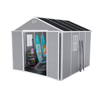 8X8 FT resin storage shed, high quality pp material, strong structure, waterproof, rust and UV proof, large storage space, 12mm thick pp board, HD window lighting