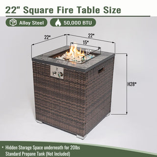 24" Propane Gas Fire Pit Table, 50000 BTU Square Fire Pit, Tile Tabletop with Beautiful Wicker Base for Outside Patio Deck Garden Courtyard-Brown