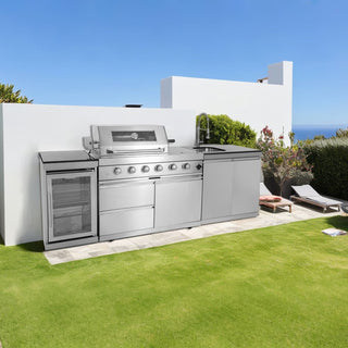 46-Inch Deluxe Outdoor Kitchen BBQ Island Grill, 4-Burner 72,000 BTU Stainless Steel with Wine Cooler, Refrigerator, Rotisserie, Granite Countertop & Storage Cabinets