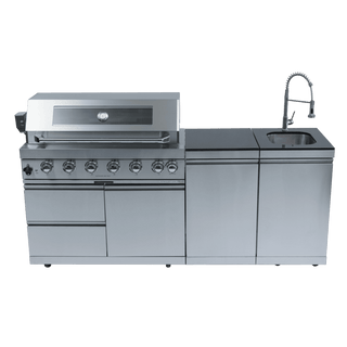 43" Deluxe 6-Burner Outdoor Kitchen Island Grill, 85,000 BTU Stainless Steel BBQ with Rotisserie, Granite Countertop, Sink & Storage Cabinets