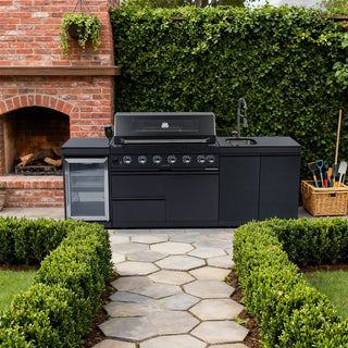 43-Inch Deluxe Outdoor Kitchen BBQ Island Grill, 6-Burner 85,000 BTU Stainless Steel Gas Grill with Wine Cooler, Refrigerator, Rotisserie Kit, Granite Countertop & Sink