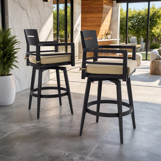 Modern 2-Piece Outdoor Swivel Bar Chairs with Sunbrella Cushions – 360° Aluminum Patio Bar Stools in Ember Black