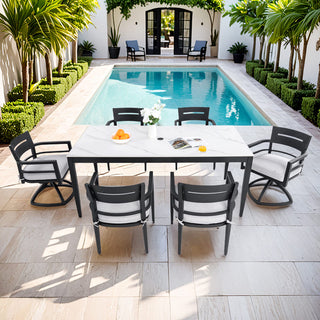7-Piece Aluminum Outdoor Patio Dining Set with Sintered Stone Table & Sunbrella Cushions, 4 Chairs & 2 Swivel Rockers – Ember Black