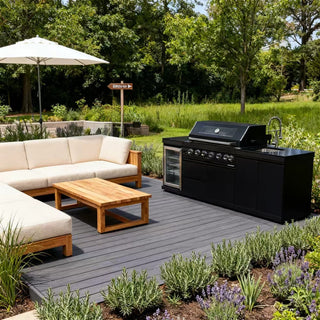 43-Inch Deluxe Outdoor Kitchen BBQ Island Grill, 6-Burner 85,000 BTU Stainless Steel Gas Grill with Wine Cooler, Refrigerator, Rotisserie Kit, Granite Countertop & Sink