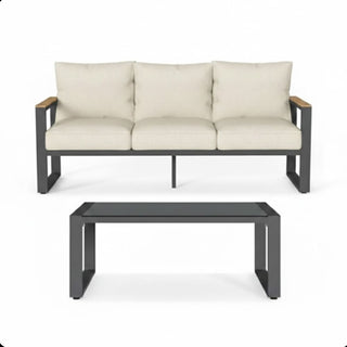 2-Piece 3-Seat Outdoor Sofa Couch Set, 75" All-Weather 3-Seat Aluminum Patio Sofa with Thick Beige Cushions & 44" Glass Coffee Table