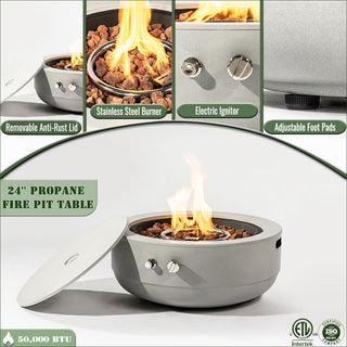 24" Propane Gas Fire Pit Bowl, 50000 BTU Round Steel Fire Pit for Outside Patio Deck Garden Backyard- Grey