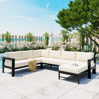U-Shaped All Weather Patio Sectional Sofa Set, 5-6 Seater Outdoor Conversation Couch with 5.9" Thick Cushions & Heavy Duty Iron Frame for Garden Backyard Poolside
