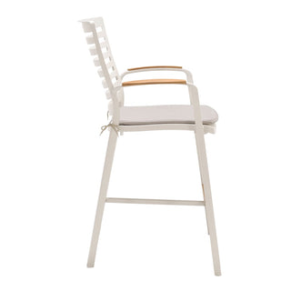 Outdoor Patio Aluminum Barstool in Light Matte Sand with Natural Teak Wood Accen