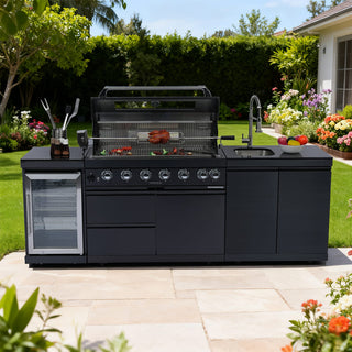 43-Inch Deluxe Outdoor Kitchen BBQ Island Grill, 6-Burner 85,000 BTU Stainless Steel Gas Grill with Wine Cooler, Refrigerator, Rotisserie Kit, Granite Countertop & Sink