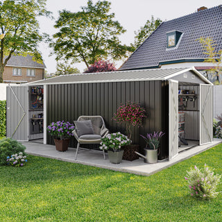 10x14 Ft Outdoor Metal Storage Shed with 3 Lockable Doors, 4 Air Vents & Sloped Roof, Heavy-Duty Garden Tool Shed for Backyard, Patio & Lawn