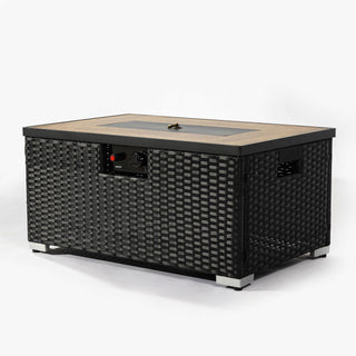 32" Propane Gas Fire Pit Table with Propane Tank Cover 2-Pieces, 50000 BTU Rectangular Steel Fire Pit with Beautiful Wicker Base for Outside Garden-Beige/Dark Gray