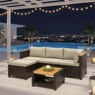 3-Piece L-Shaped Wicker Patio Set with Beige/Gray Cushions and Acacia Wood Storage Table