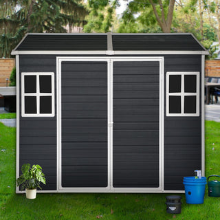 8x4 FT Outdoor Resin Storage Shed with Floor, 2 Windows & Lockable Door for Garden Tools, Bikes & Trash Cans