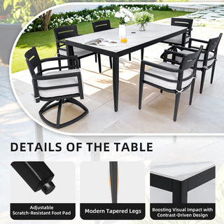 7-Piece Aluminum Outdoor Patio Dining Set with Sintered Stone Table & Sunbrella Cushions, 4 Chairs & 2 Swivel Rockers – Ember Black