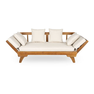 Outdoor Patio Daybed Sofa, 3-Seat Sofa with Foldable Arm 4 Back Pillows, Teak Acacia Wood Frame Beige Removable Cushion