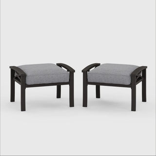 Set of 2 All-Weather 26” Width Metal Ottomans, Khaki Frame with Gray Cushions
