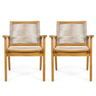 Outdoor Dining Chairs Set of 2, Teak Finish Wood Frame , Natural Courtyard Style, 400lbs Capacity