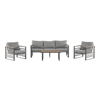 4-Piece Outdoor Metal Patio Furniture Set, 5-Seat Deep Seating Sofa Set with Cushions, Modern Grey & Natural Finish for Porch, Garden & Backyard