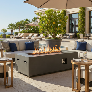 Outdoor Rectangle Propane Fire Pit Table 60inch, 60,000 BTU Concrete Fire Table with Waterproof Cover, Auto-Ignition, Free Lava Rocks