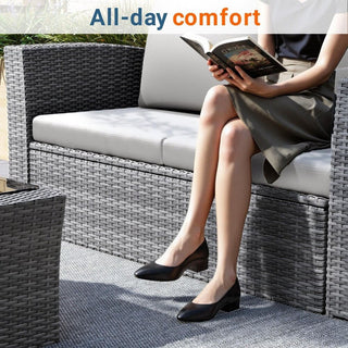 4-Piece Wicker Patio Conversation Set With Glass Table and Blue/Black/Gray Cushions