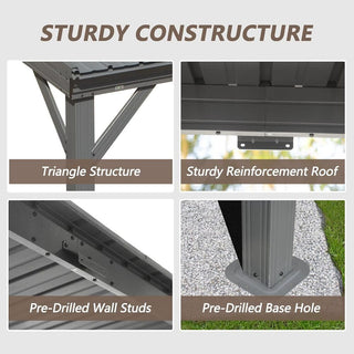 Wall-Mounted Hardtop Lean-to Gazebo with Gutters – Galvanized Steel Roof Outdoor Pergola Canopy