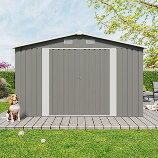 Outdoor Storage Shed 10×14 FT with 3 Lockable Doors,4 Air Vents & Sloped Roof,Utility Tool Shed Metal Storage Garden Sheds Frame and 4 Vents,for Backyard,Patio,Lawn,Light Gre