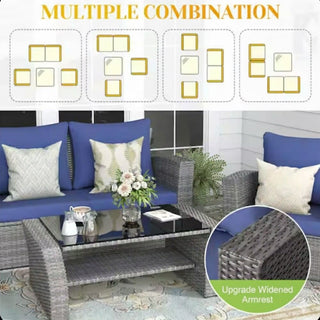 4-Piece Wicker Patio Conversation Set With Glass Table and Blue/Black/Gray Cushions