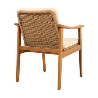 Outdoor Dining Chairs Set of 2, Teak Color Acacia Wood Frame, Brown PE Wicker, Grey Waterproof Cushion