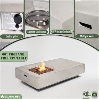 60" Propane Gas Fire Pit Table, 50000 BTU Rectangular Concrete Fire Pit for Outside Patio Deck Garden Backyard- Light Gray