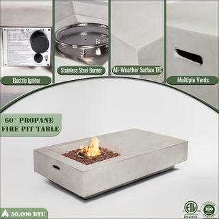 60" Propane Gas Fire Pit Table, 50000 BTU Rectangular Concrete Fire Pit for Outside Patio Deck Garden Backyard- Light Gray