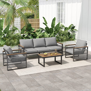 4-Piece Outdoor Metal Patio Furniture Set, 5-Seat Deep Seating Sofa Set with Cushions, Modern Grey & Natural Finish for Porch, Garden & Backyard