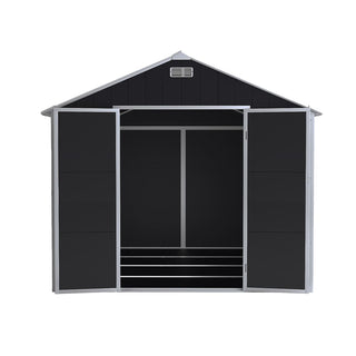 8X8 FT resin storage shed, high quality pp material with Lockable Door, strong structure, waterproof, rust and UV proof, large storage space, 12mm thick pp board, HD window lighting