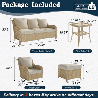 6-Piece PE Wicker Patio Conversation Set with Sofa, 2 Swivel Rocking Chairs, 2 Ottomans & Side Table
