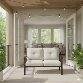 48" All-Weather Metal Loveseat 2 Seats Couch Sofa with Gray/Beige/Khaki Cushions with black Frame