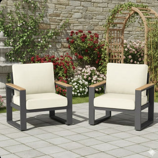 Set of 2 26.6" All-Weather Aluminum Patio Armchairs with Thick Beige Cushions