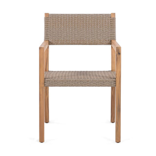 Outdoor Dining Chairs Set of 2, Light Teak Acacia Wood Frame and Multi Light Brown PE Wicker