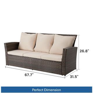 67.7" All-Weather Wicker 3-Seat Patio Sofa with Thick Blue/Biege/Gray/Black Cushions & Black Frame