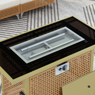 43" Propane Gas Fire Pit Table, 60000 BTU Rectangular Open Weave Wicker Fire Pit with Glass Wind Guard for Outside Patio Deck Garden Backyard