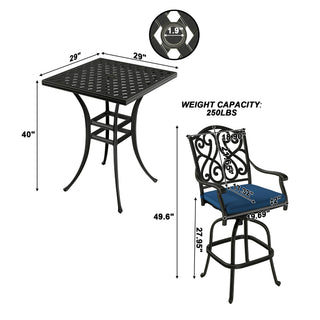 3-Piece Patio Bistro Set – Cast Aluminum Table & 2 Swivel Chairs with Cushions
