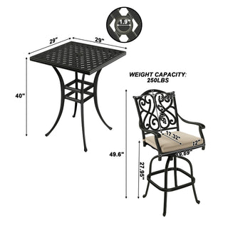 3-Piece Patio Bistro Set – Cast Aluminum Table & 2 Swivel Chairs with Cushions